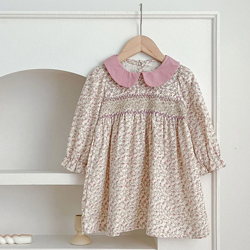 New Girls Clothes Autumn Smocking Dress Floral Children\'s Set Outerwear Outfits Spring Kids Clothing Baby Girls Princess Dress