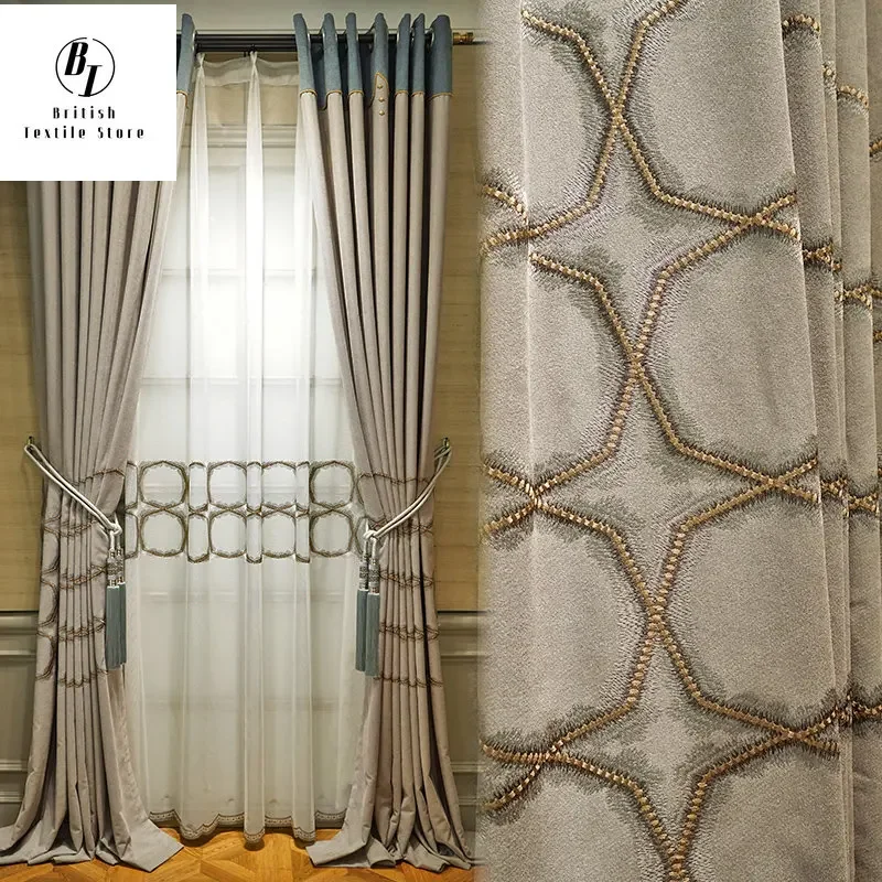 

Modern Nordic Blackout Curtains for Living Room Bedroom Dining Luxury Chenille Stitching Embroidery Custom Drape Free Shipping