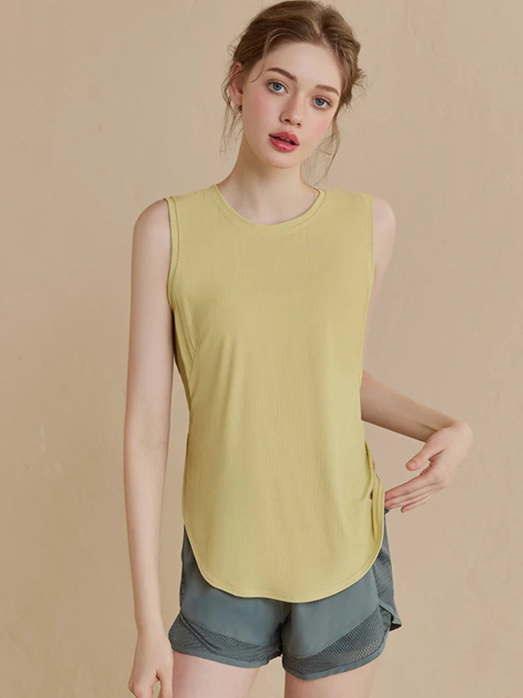 เสื้อกีฬาผู้หญิงทรงหลวม แห้งเร็ว เหมาะสำหรับวิ่ง ฟิตเนส โยคะ ดีไซน์เปิดด้านข้าง แฟชั่นฤดูร้อน สวมใส่สบาย ทรงกลม