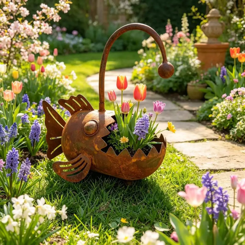 Metal Animal Shape Planter Rustic Lantern Fish Statue Outdoor Garden Ornament Decorative Yard Art Sculpture