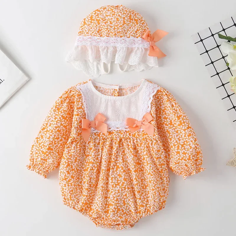 

Summer Bodysuit Newborn Girls Clothes Korean Fashion Cute Bow Flowers Lace Cotton Long Sleeve Jumpsuits+Hat Baby Clothing BC1836