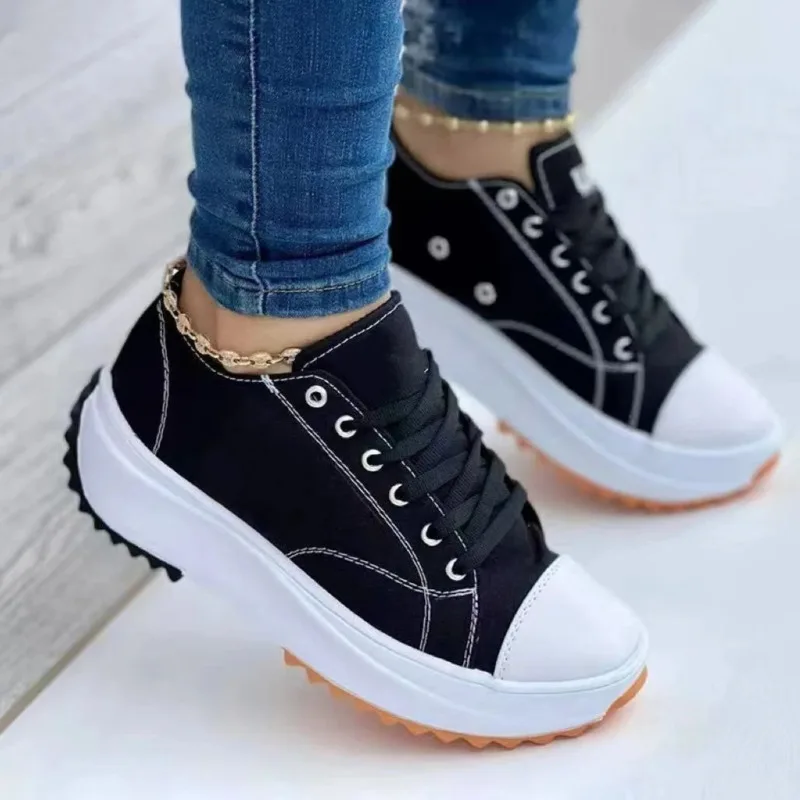

Women Casual Shoes Flat Breathable Comfortable Walking Non-slip Large Spring Autumn Solid Color Thick Bottom Lace Up Canvas