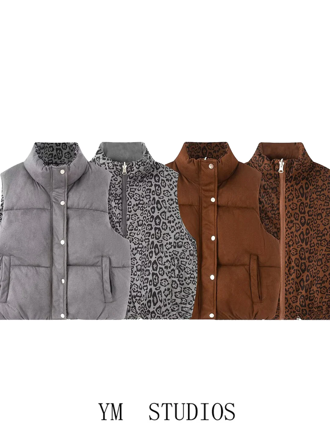Women's Retro Wild Leopard Print Suede Two-Sided Wear Zipper Stand Collar down Cotton Vest Trendy Fashion Outerwear