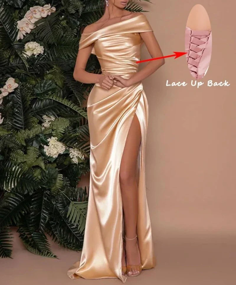 Customized Elegant Off The Shoulder Women\'s Satin Prom Dresses Luxury Glossy Long Gown Corset Formal Evening Mermaid Bridesmaid