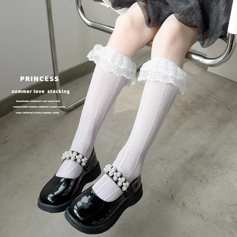 Girls Baby Double Layer Lace Student Lolita Stockings Princess Kids Heart Embroidered Over The Knee High Socks Long Kawaii Socks