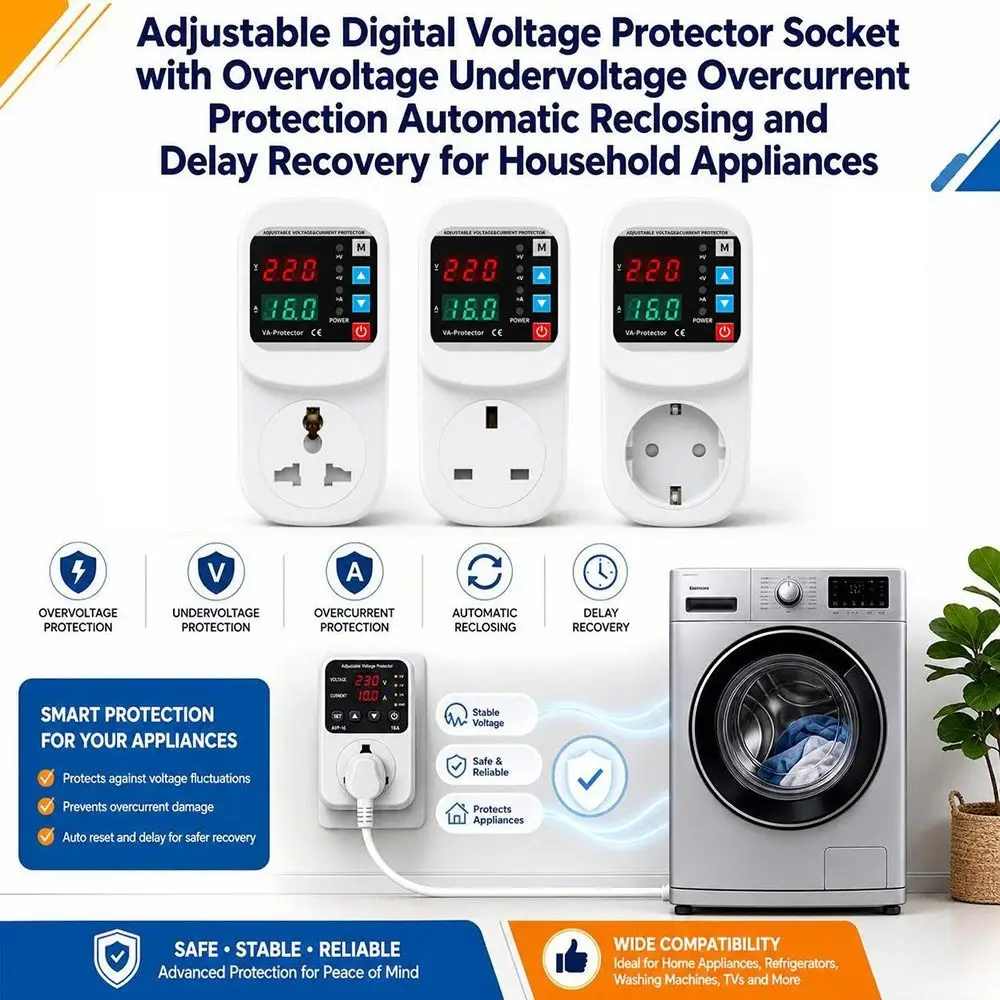Adjustable Protection Voltage Protector Socket Automatic Reclosing Overcurrent Protection Overvoltage Protector Digital Display