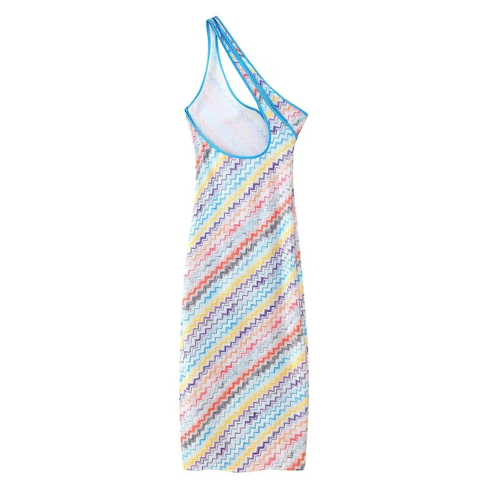Novo design elegante e sexy feminino com gola de corte diagonal e vestido longo no peito estampado oco