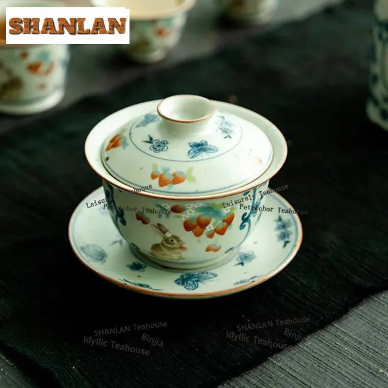 180ml Blue And White Ru Kiln Butterfly Gaiwan Creative Tea Tureen Household Tea Bowl With Lid Kit Tea Brewing Cover Bowl Teaset