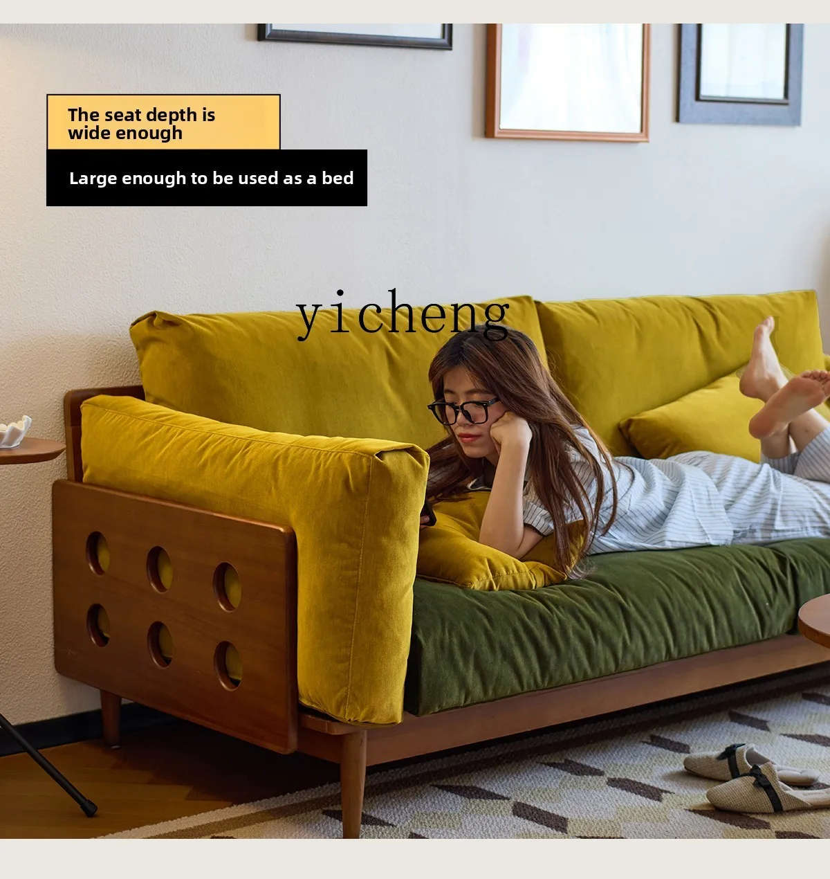 

QZT Solid Wood Fabric Sofa Small Apartment Living Room Straight Row