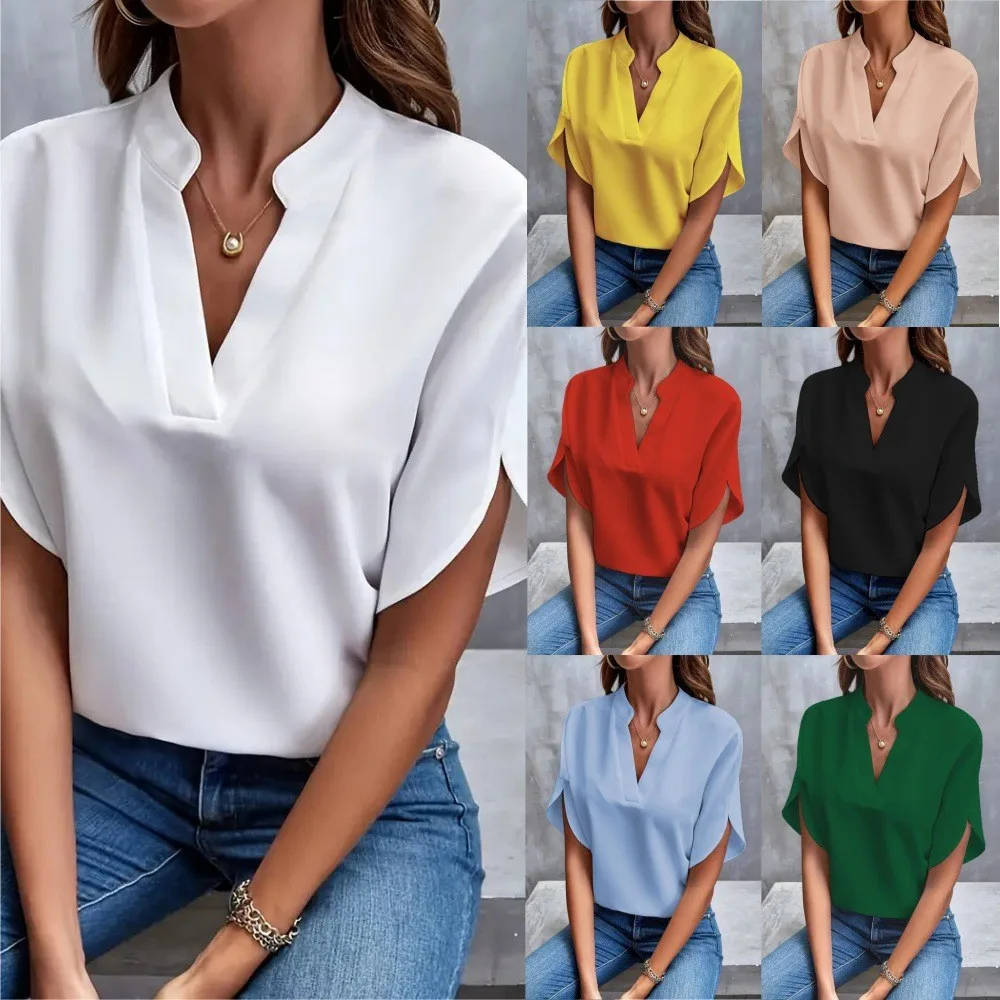 

Summer Women's Clothing Casual Solid V Neck Short Sleeve Blouse Elegant Tops For Woman Polyester Loose Fit Button Up Shirt