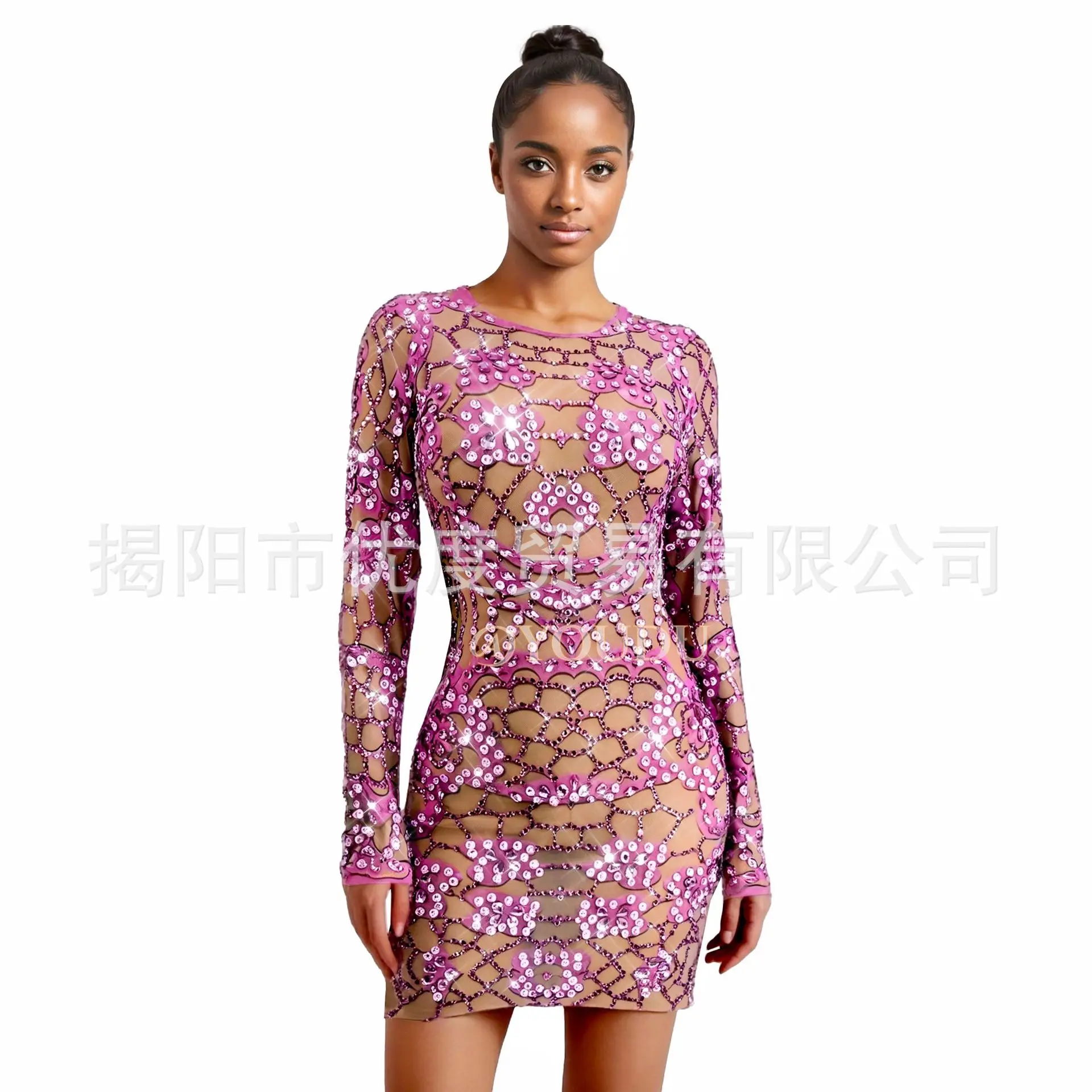 

Pink Rhinestone Stretch Long Sleeve Perspective Dress Birthday Party Singer Stage Performance Dress Bead Mesh Robes Bal De Promo