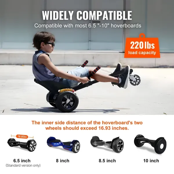 Acessório para assento de hoverboard com luzes LED, comprimento ajustável, capacidade de 220 libras