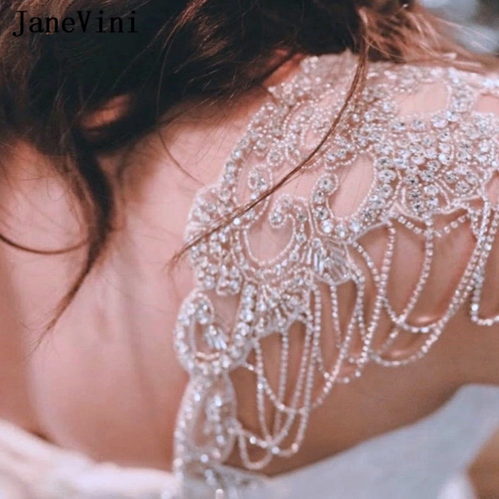 JaneVini Sparkly Rhinestone Beaded Patches Sewing Applique Epaulets for Women Wedding Dress Handmade Bride Shoulder Chain Tassel