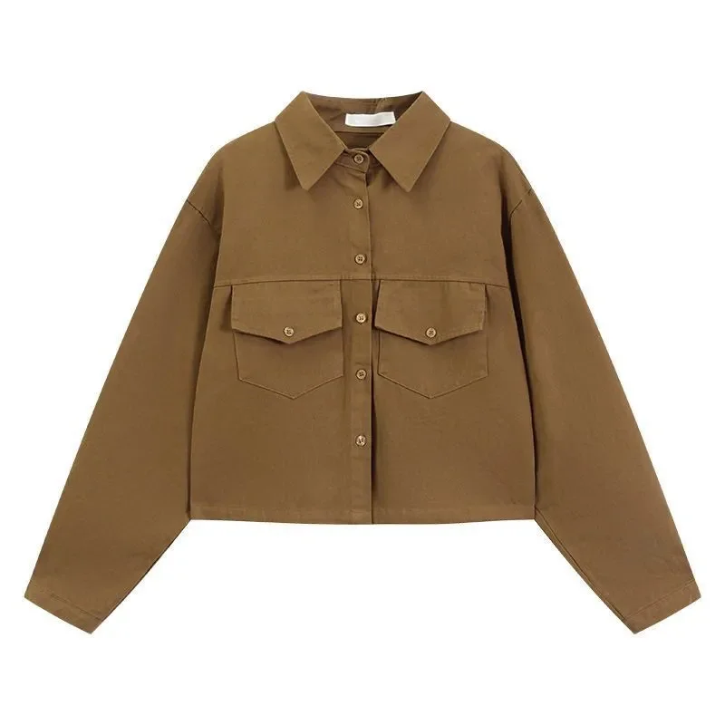 

Весенне-осенняя женская куртка Design Sense Гонконгский стиль Топ Ретро Рубашка с длинным рукавом Стильная короткая однотонная женская куртка