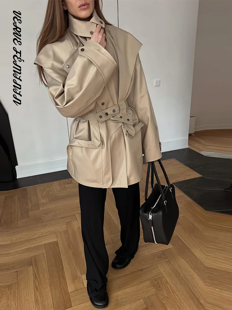 

Women's Windbreaker Button Waist Cinching Lace Up Midi Trench Coat Autumn 2025 Female Solid Slim Jacket Fashion Ladies Outerwear
