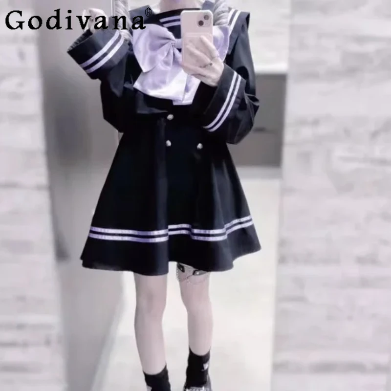 

Japanese Subculture Sweet Sailor Collar Black Purple Big Bow Dress Fashion Girls Versatile Age Reduction Long Sleeve Dresses