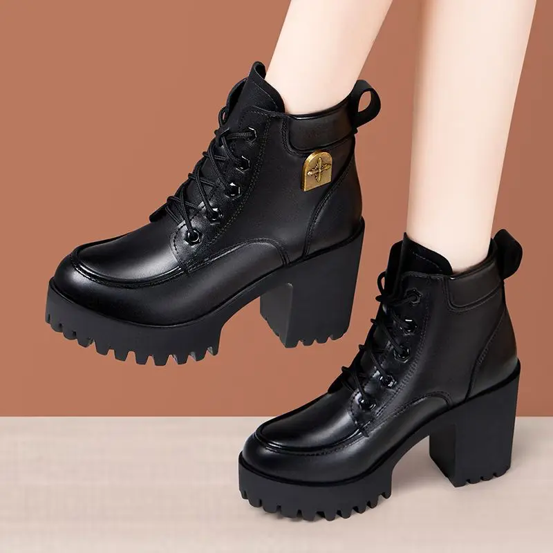 8cm 10cm Small Big Size 33-43 Platform Shoes with Fur Winter 2025 Block High Heels Boots Women's Leather Ankle Motorcycle Boots image 6