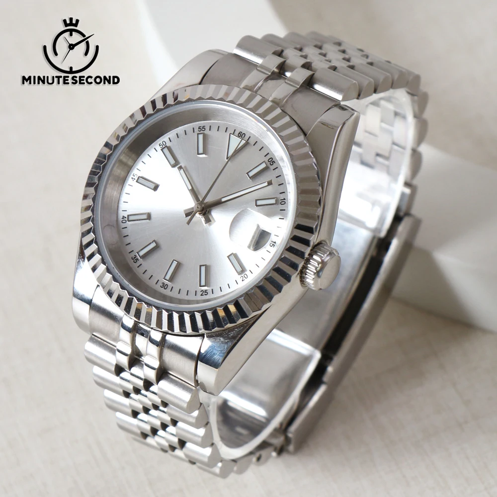 

MINUTESECOND NH35 Watch Silver Sunburst Sapphire Crystal Automatic Movement 39mm Stainless Steel NH35A Glass Case Back Men Watch