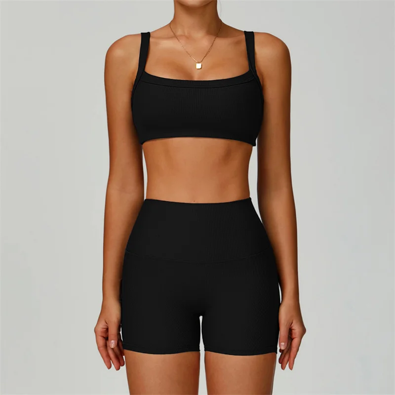 TRY TO BN Conjuntos de shorts de treino feminino yoga sutiã esportivo sem costura com nervuras treino de fitness correndo treinamento apertado roupas de ginásio mulher
