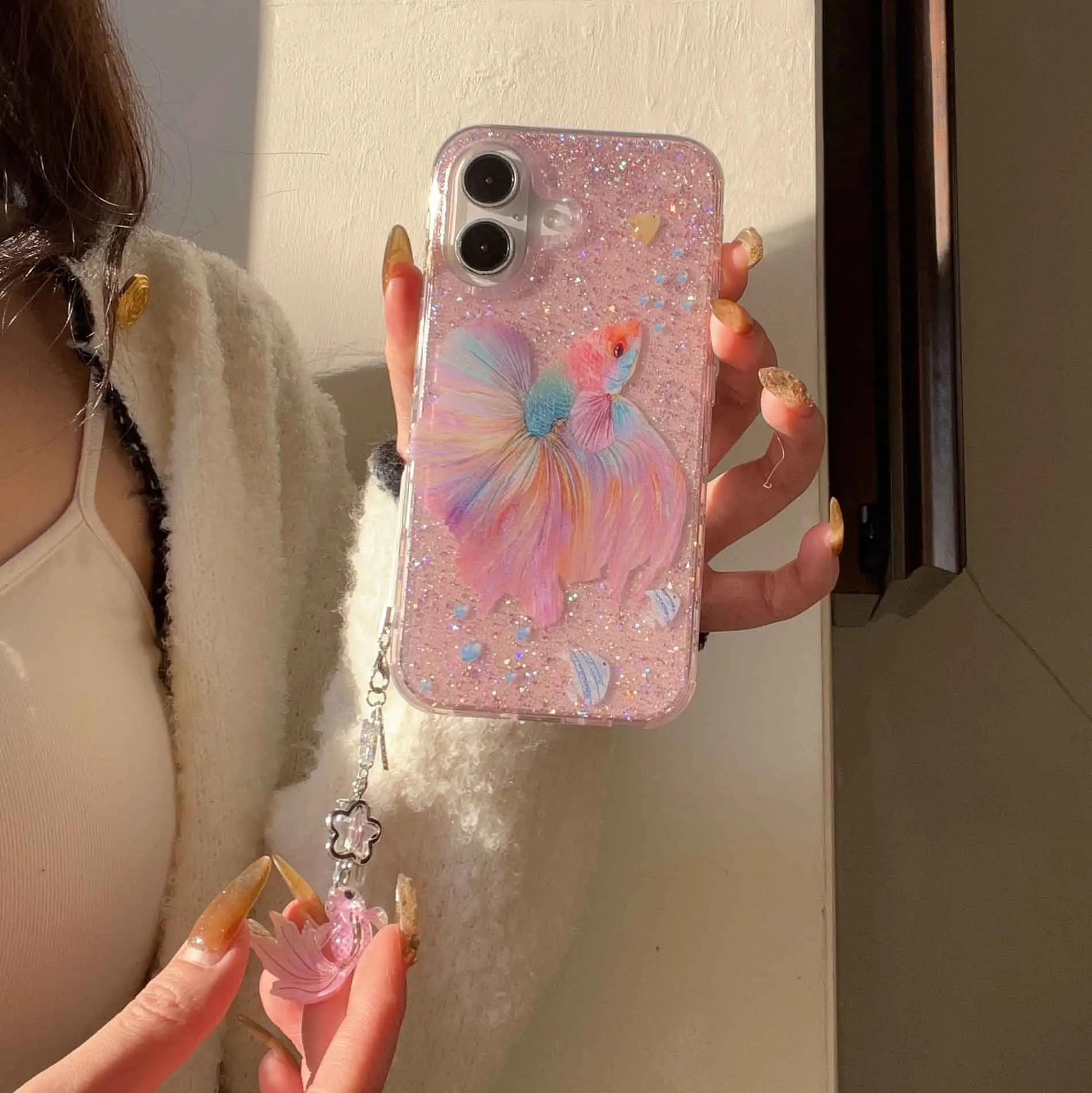 Colorful koi fish lucky shell protector for iphone 16pro 15promax 13 15 pro max 16 14 13pro 14pro pendant pink shiny phone case