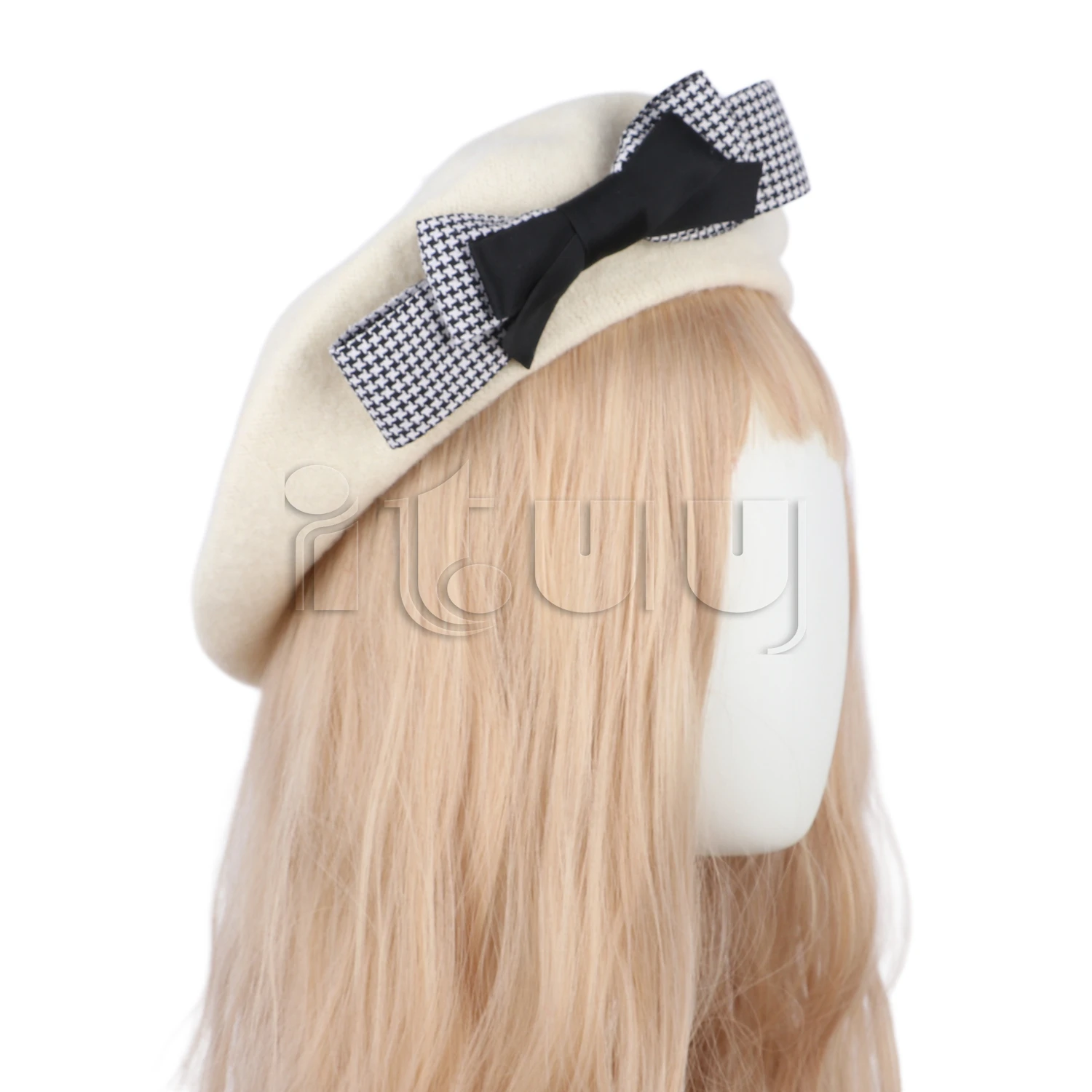 Women Wool French Beret Hat with Big Bow Girl Lolita Cute Plaid Beanie Cap Hat Winter Warm Fashion Accessory