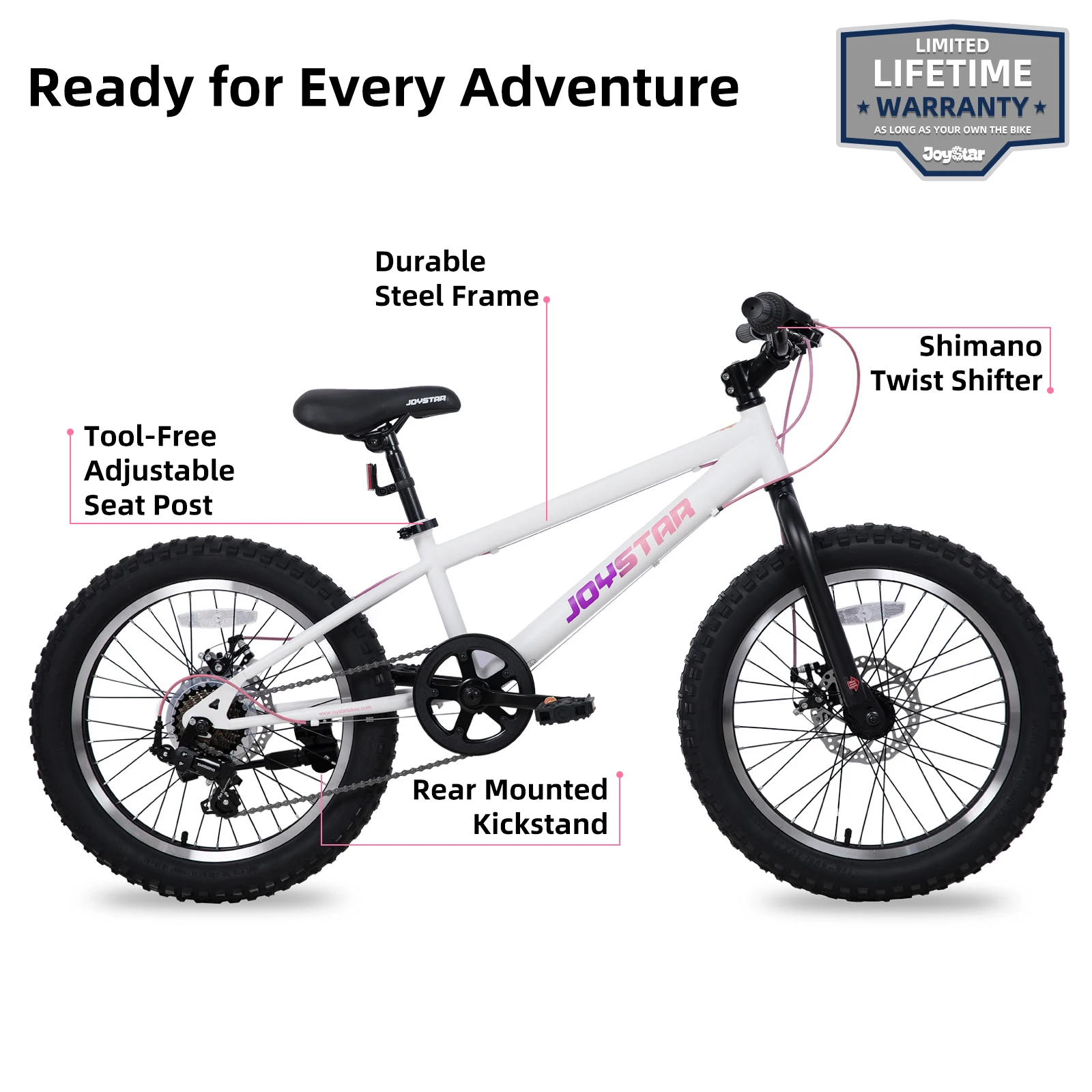 JOYSTAR 20 Inch Mountain Bike for Kids Ages 7-12 Year Old, Fat Tires, 7 Speed Shimano Drivetrain, Disc Brakes, Fat Tire, White