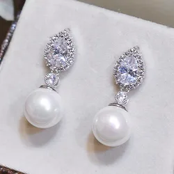 Huitan Fashion Luxury Bride Wedding Earrings Modern Design Pear Cubic Zirconia with Imitation Peal Earrings for Women Jewelry