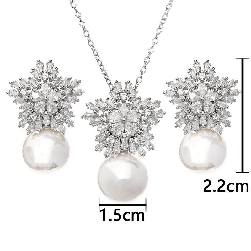 Romantic Cubic Zirconia Flower Pearls Earrings Pendant Necklace Jewelry Set for Women Bridal Wedding Gift