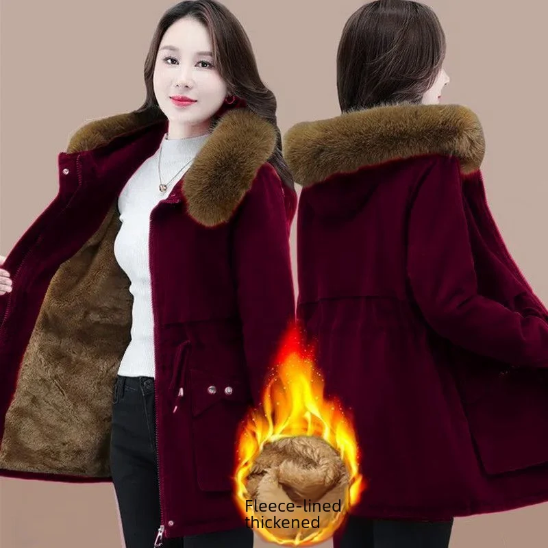 Thickened Cotton-padded Winter Coat Women's Loose-fit Fleece-lined Down Jacket Medium-length Parkas For Cold Weather