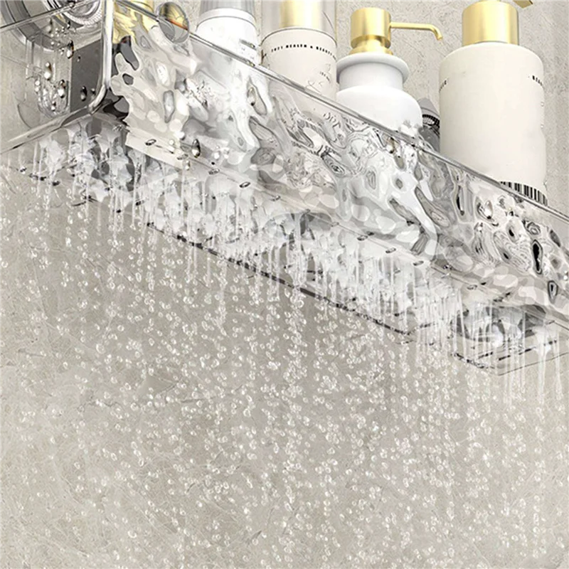 

PORK-2X No-Drill, Light Luxury Style Glacier Pattern Suction Cup Shelf,Bathroom Shower Organizer Transparent Long Style