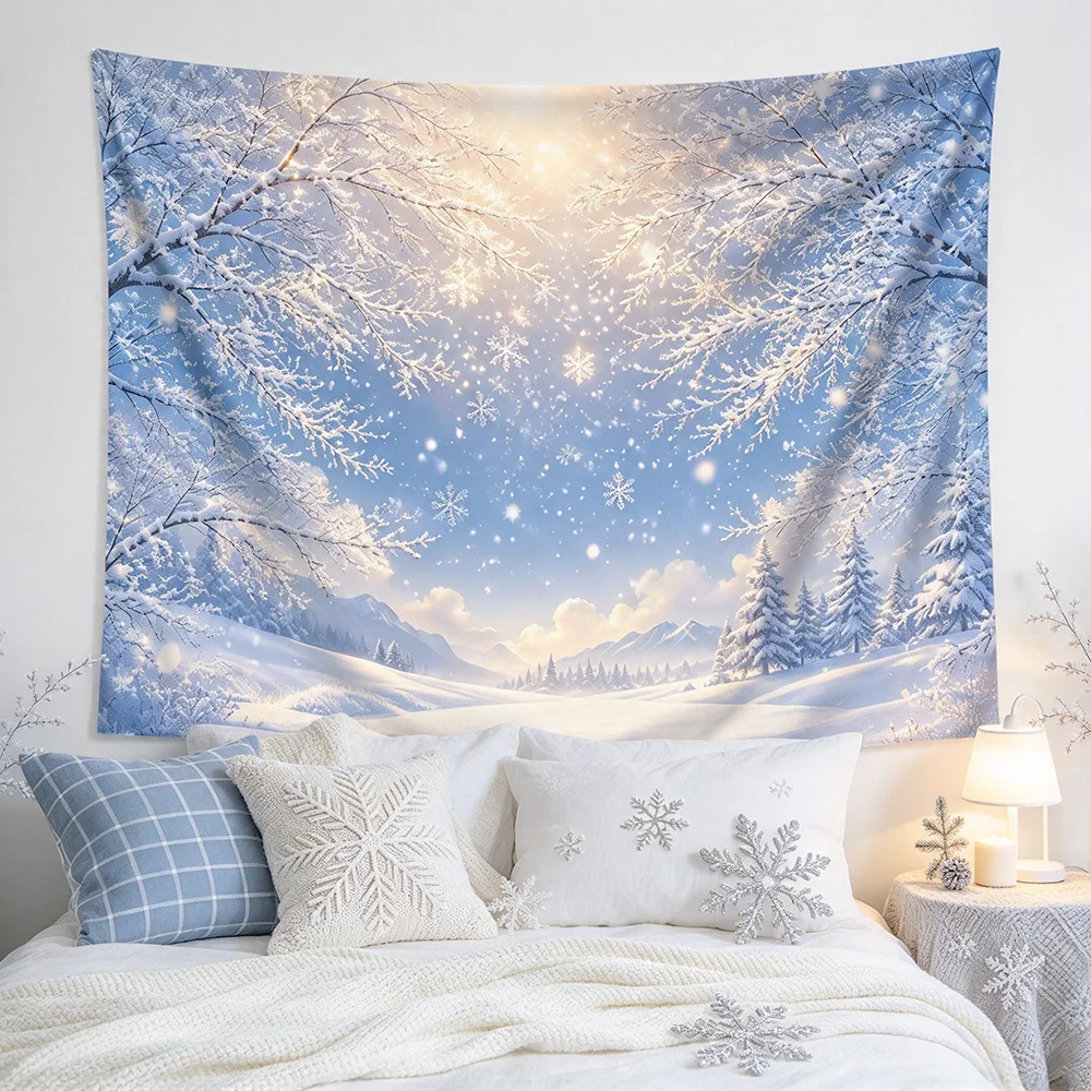 1PCS Tapestry, Snowy Landscape Snow Trees Blue Sky Winter Scene, Holiday Party Decoration for Home Studio Wall