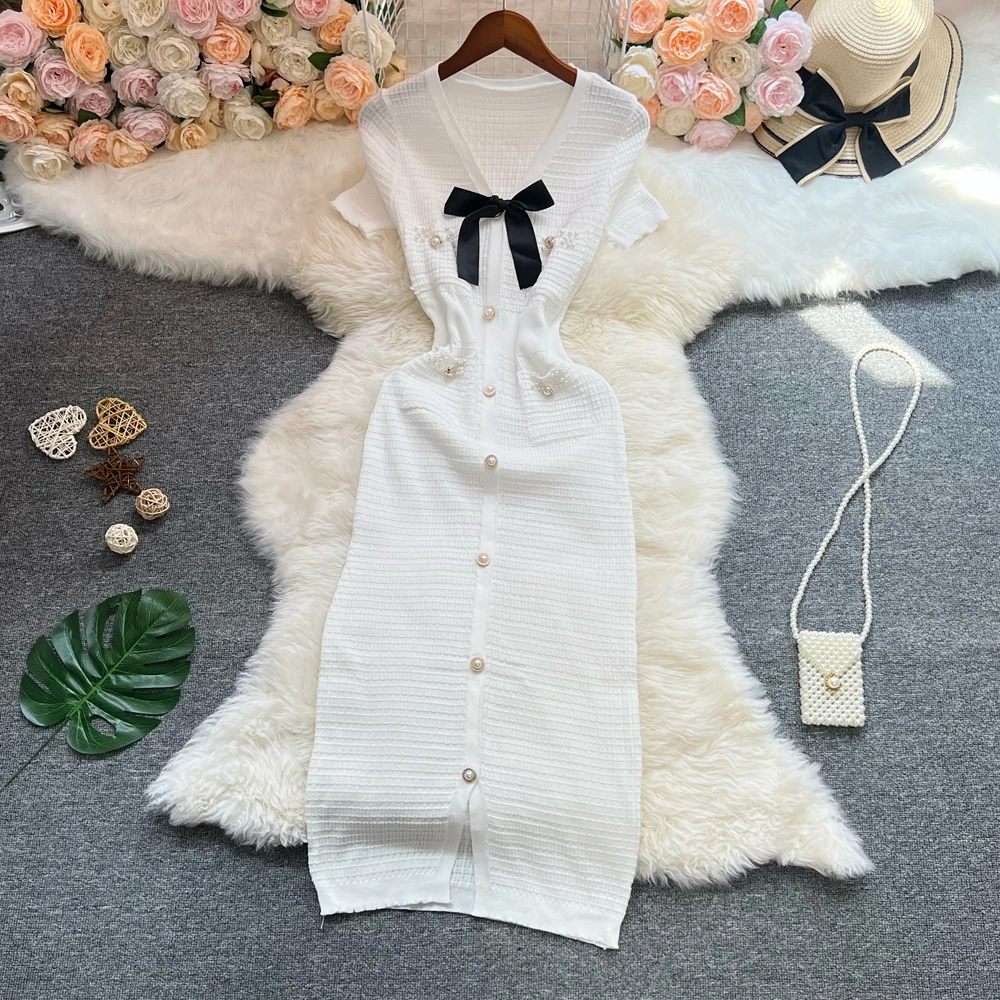 YuooMuoo Chic แฟชั่นเซ็กซี่สะโพกถักฤดูร้อนชุดผู้หญิงโบว์ V คอแขนสั้น Elegant Office Lady เสื้อกันหนาวชุด