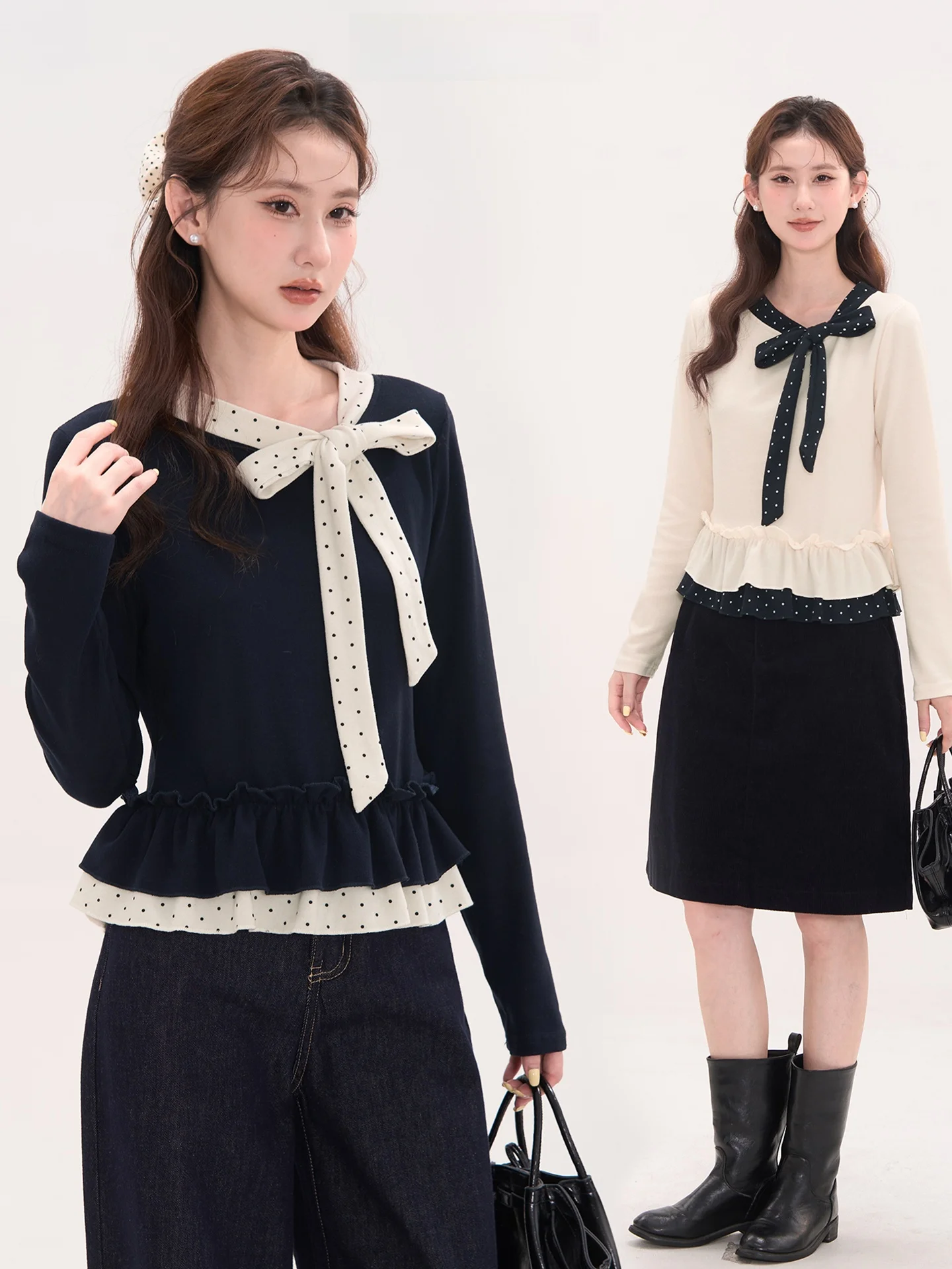 

Cloud Wanderer Polka Dot Long Sleeve T-Shirt Women's Slim Splice Bowed Princess Style Top Polyester Blend Comfortable Fit