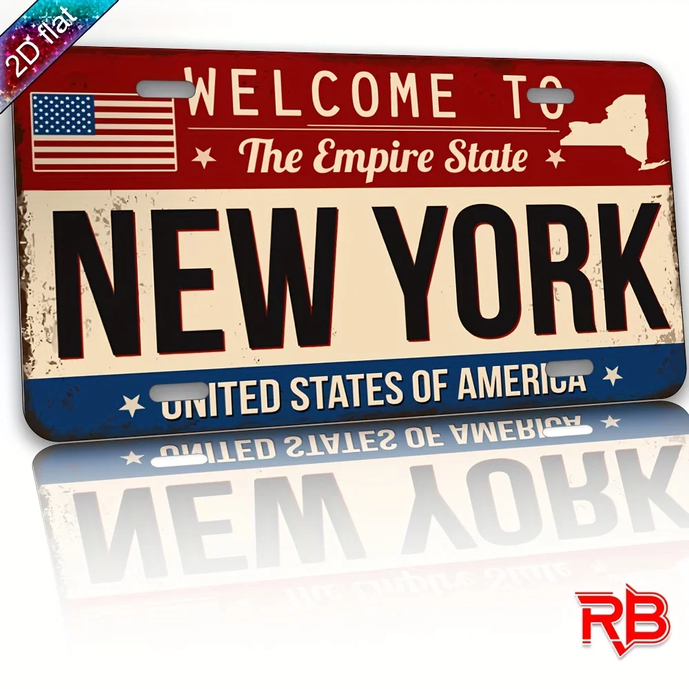 New York Welcome Sign Vintage Metal Wall Art with American Flag And State Outline UV Printed Home Decor 30x15 Cm