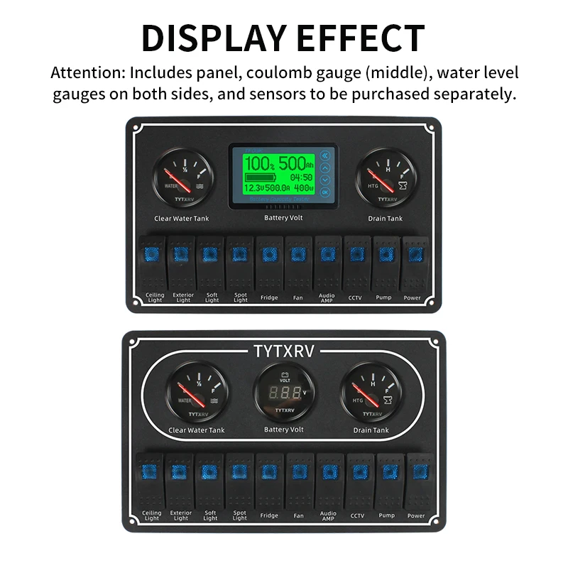 TYTXRV RV Accessories 12V/24V 10 Gang Control Switch Panel with Blue Lamp Waterproof Rocker Switch for RV Trailer Bus Marine