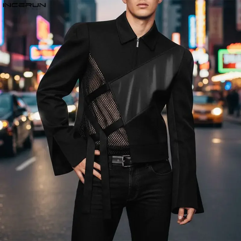 

INCERUN Men Shirt PU Leather Mesh Patchwork Lapel Long Sleeve Zipper Male Tops Camisas Streetwear See Through Fashion Shirts Men