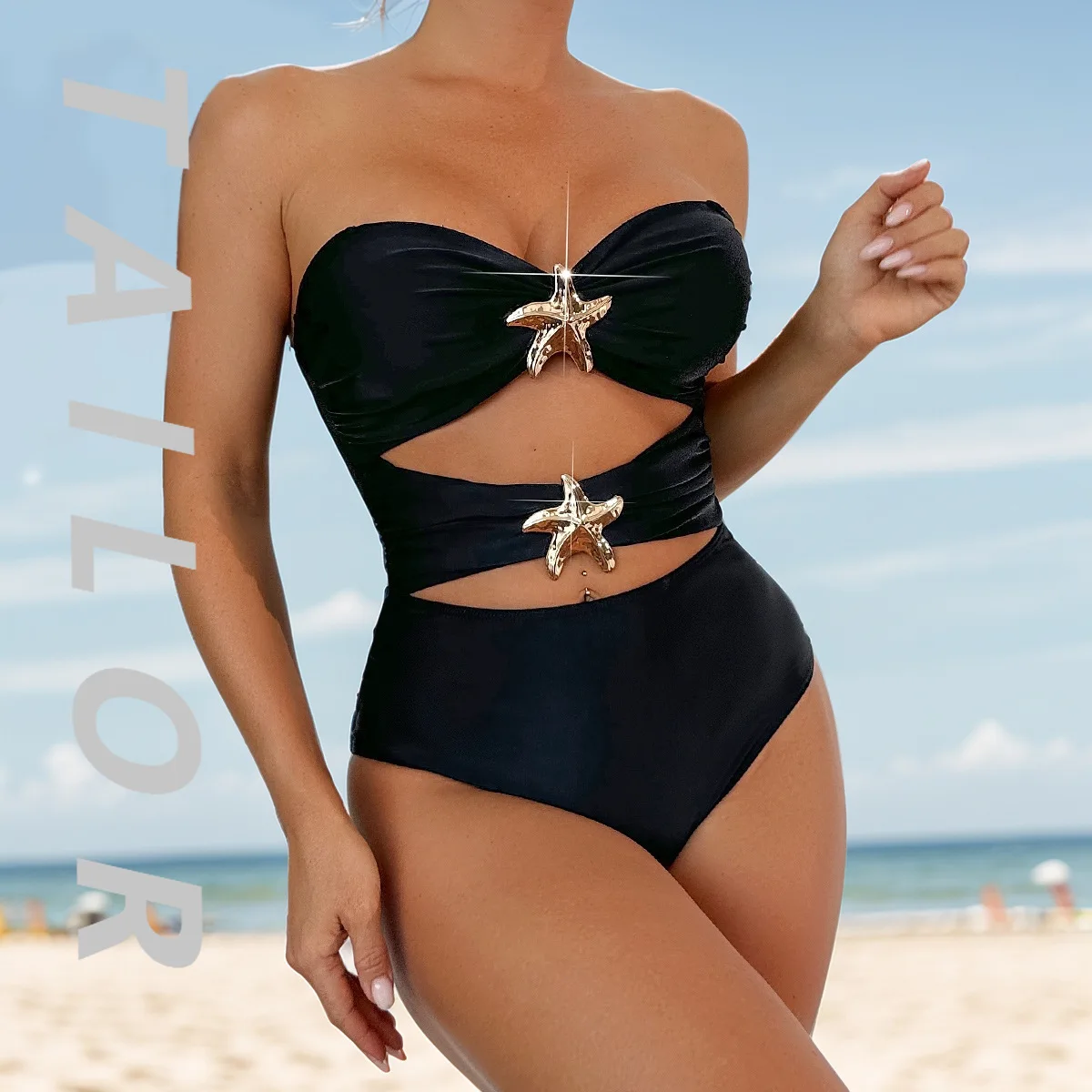 

Solid color suspender tube top two wear sexy one-piece bikini swimsuit swimsuit women 2025 new