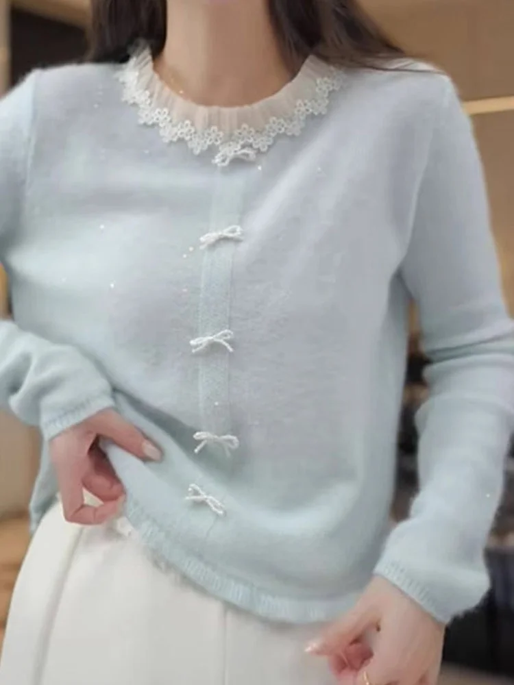 안티에이징 스플라이스 니트 스웨터 슬리밍 매듭 디자인 편안한 롱 슬리브 여성용 탑 엘리 신상