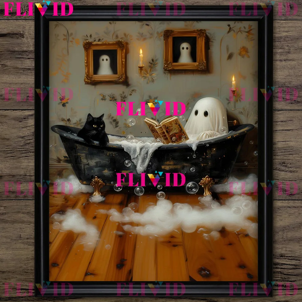 Ghost And Cat In Bubble Bath Poster Print,Spooky Floral Bathroom Abstract Wall Art,Whimsical Ghost Art Canvas Print Home Decor