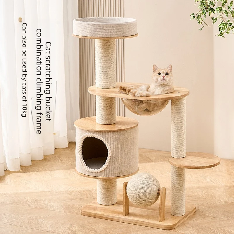 Solid Wood Cat Scratcher House Pet Toys Cat Tower Pet Accessories Cat Climbing Frame Scratching Post Wear-resistant Bed