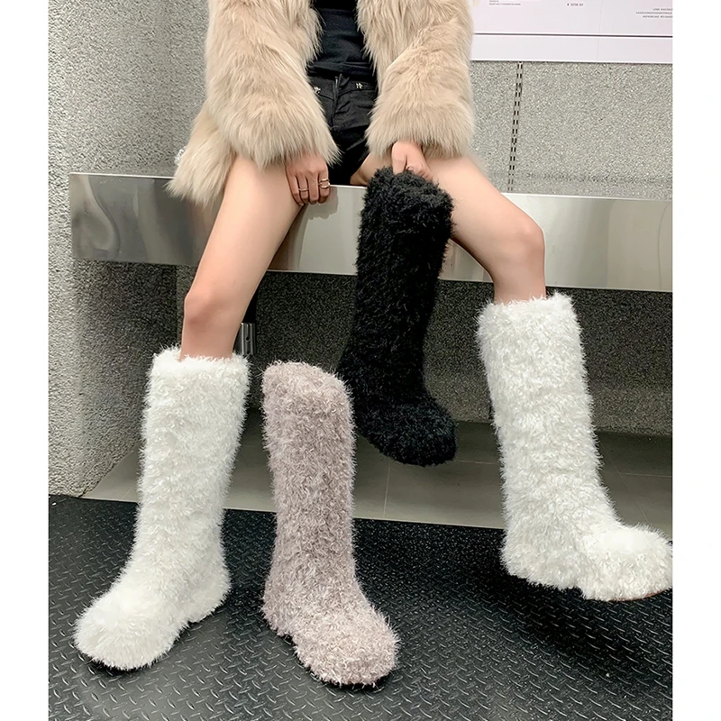 

Women's new winter leather cowhide warm wool thick soled high heels and knee retro snow boots long boots runway fashion boots