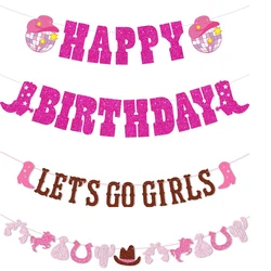 Glitter Let's Go Gilrs Theme Banner Disco Cowgirl Boots Paper Hanging Garland for Girl Happy Birthday Bachelorette Party Decor