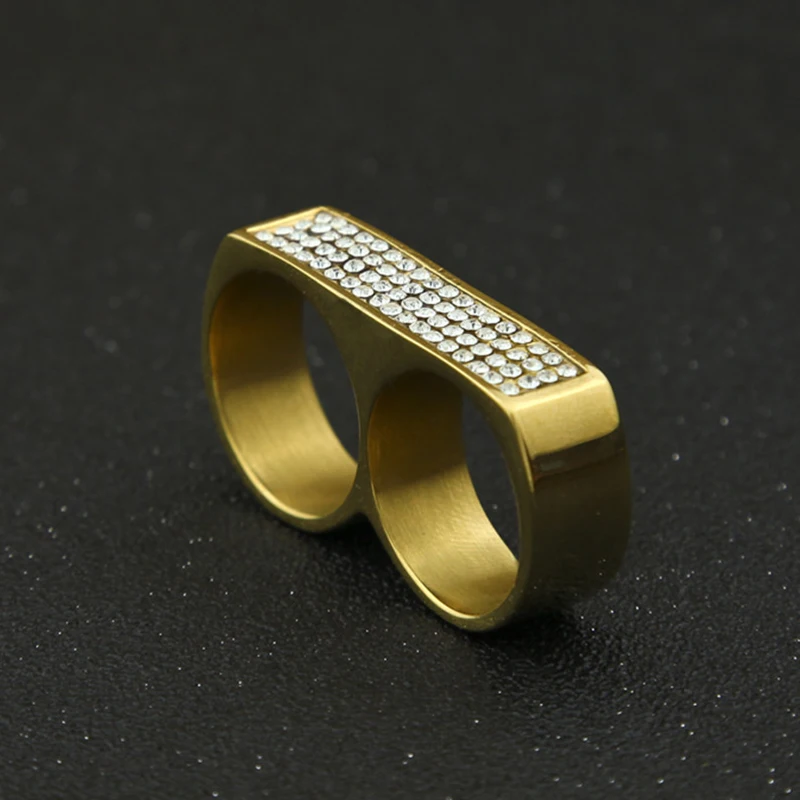 Men's Two Finger Hip Hop rings Iced Bling Rhinestone Stainless Steel Gold color Ring Fashion Party Jewelry Size 9 and 10