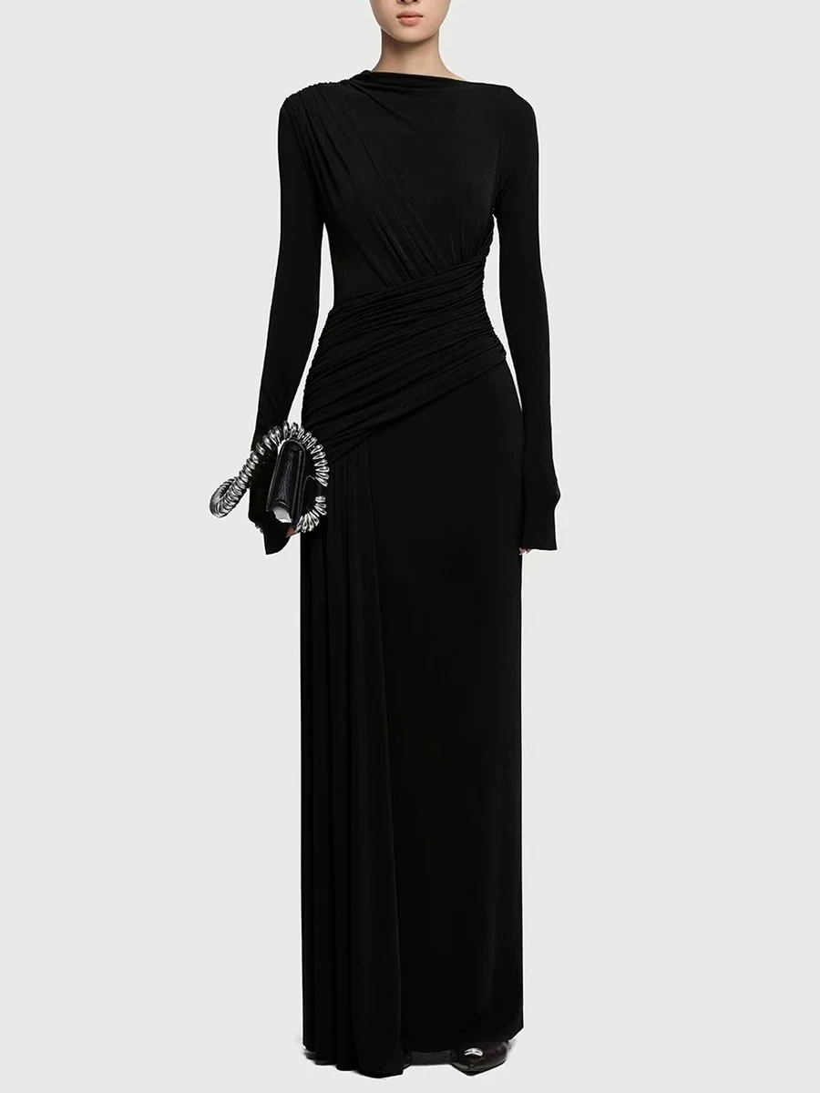 TWOTWINSTYLE 솔리드 슬리밍 드레스 Fr 여성 오 넥 긴 소매 높은 허리 기질 롱 드레스 여성 패션 스타일 의류