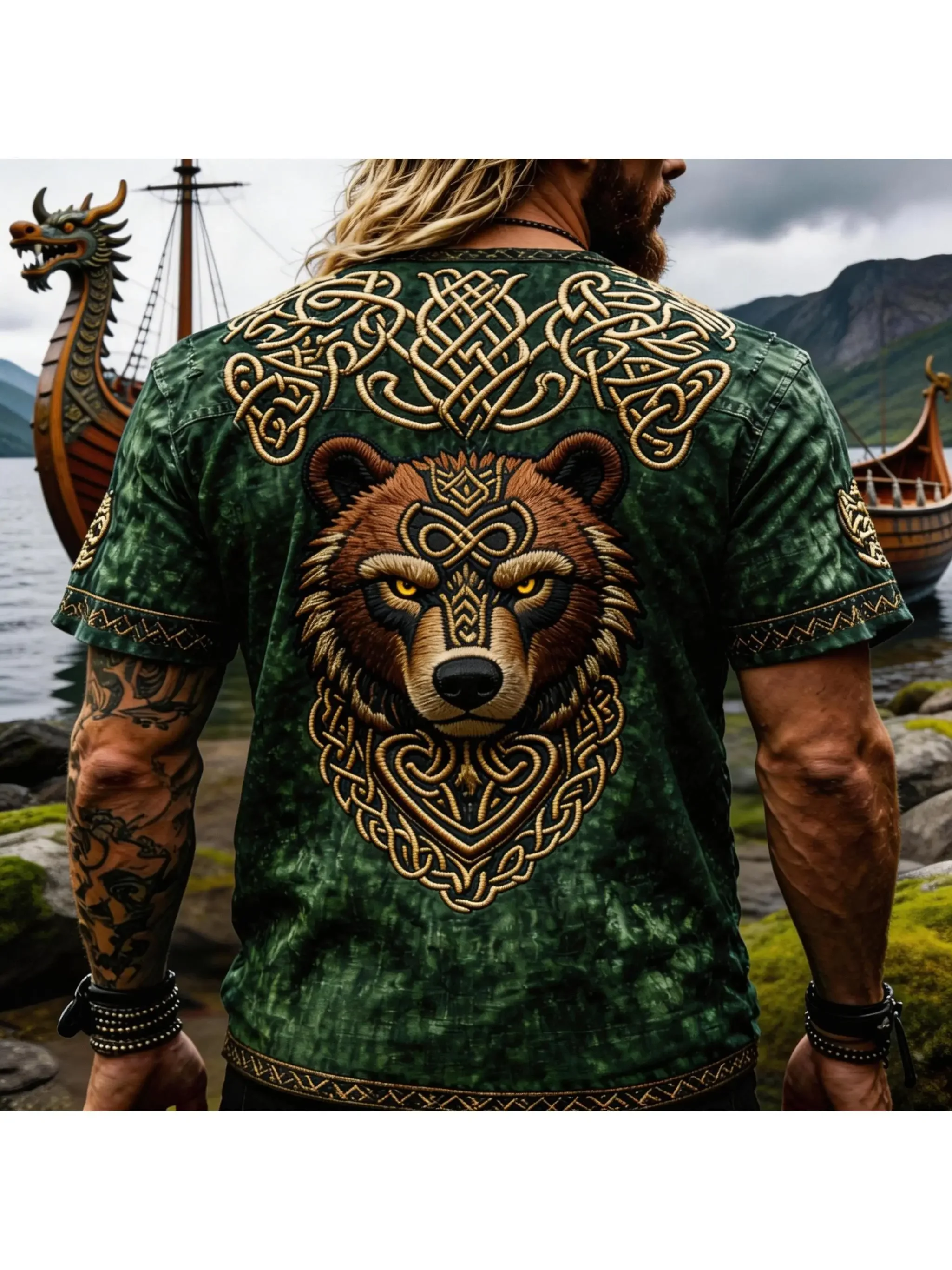 2026 Sommer Retro Street Distressed Herren-T-Shirt mit Wikinger-Bär, Keltischem Knoten, 3D-Druck, lockerer Rundhals-Kurzarm – Detail 5