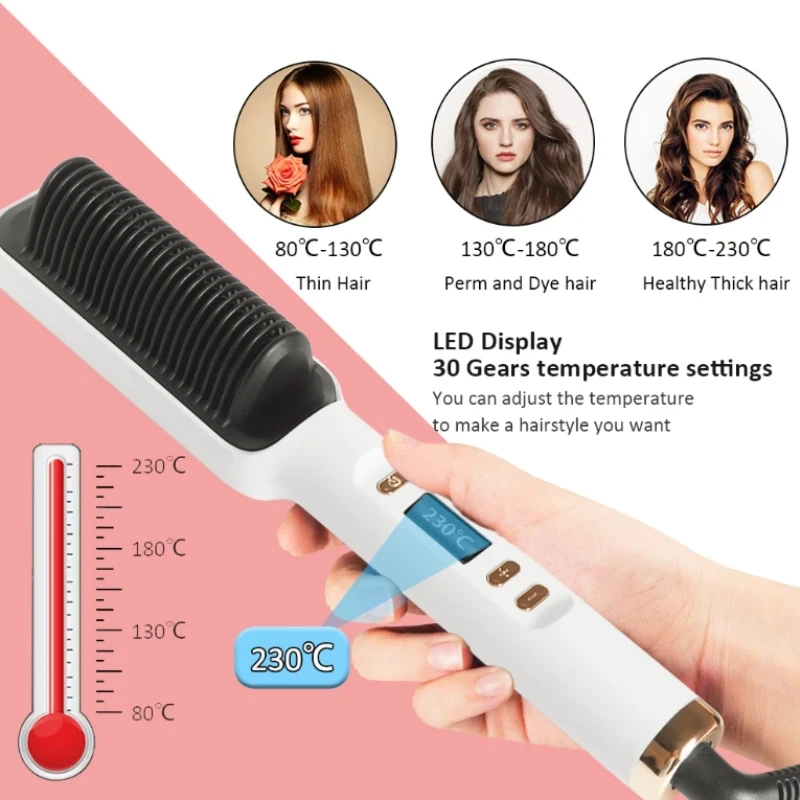 2 In 1 LCD Straightening Comb Negative Ion Straightener Curling Iron Fast Heating Ceramic Splint Heater Electric Styling Tools