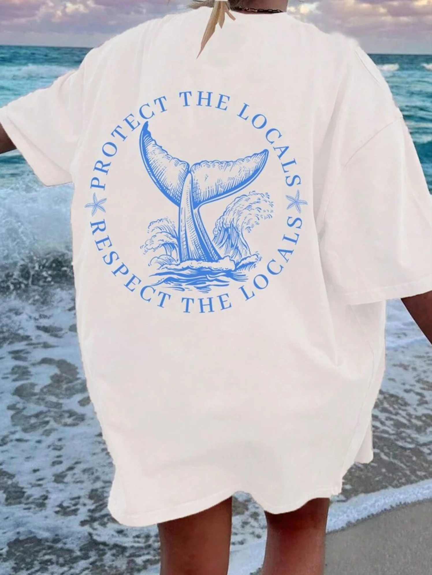 Whale and Wave Printed T-shirt Short sleeved Summer Women\'s Popular Fashion New Casual T-shirt Short sleeved Top