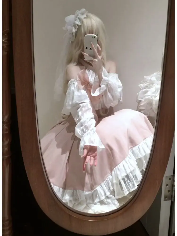 Autunno Inverno Nuovi abiti lunghi eleganti Donna Stile francese Dolce abito da principessa a maniche lunghe Abiti dal design chic estetico rosa