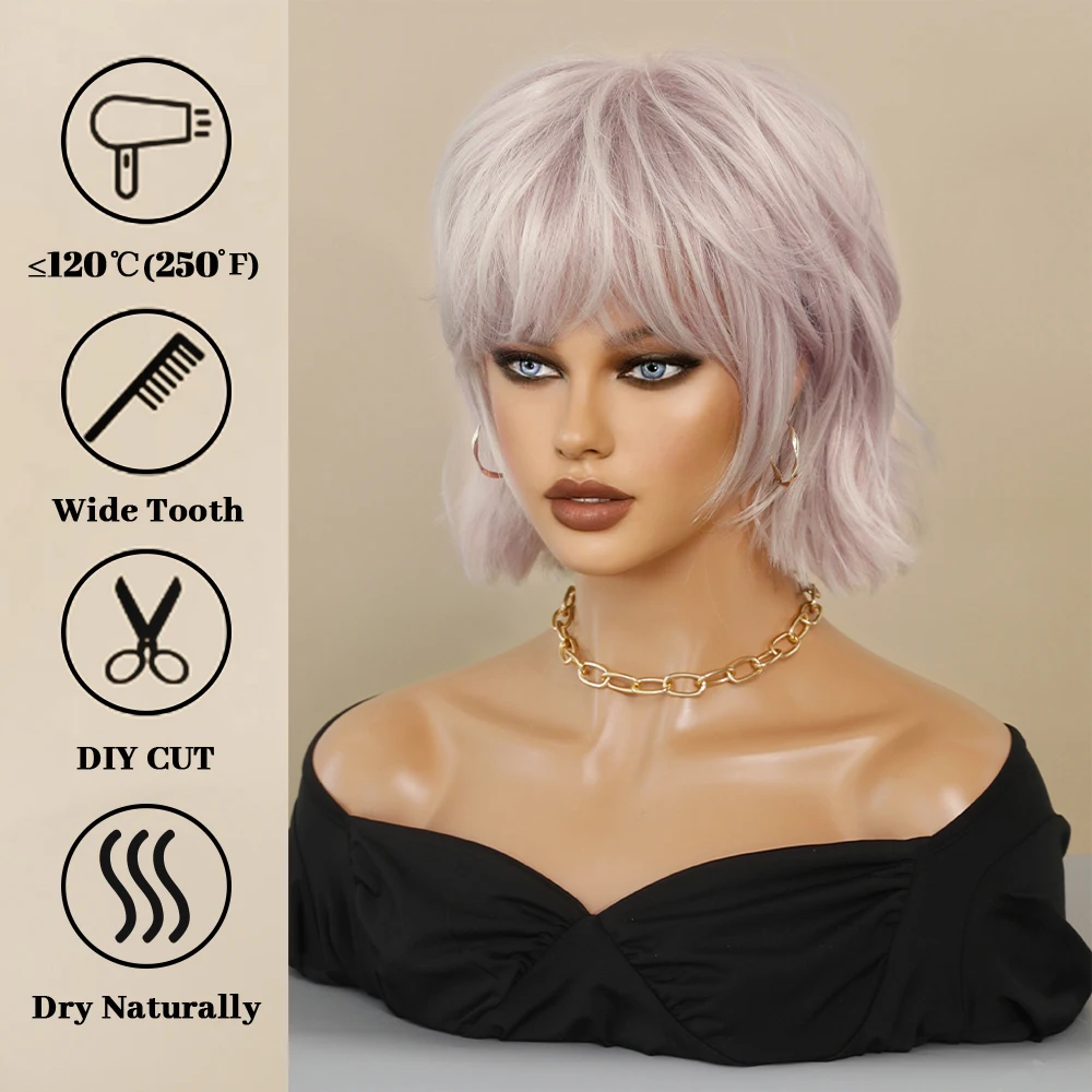 Pink Silver Short Wigs for Black Women Cut Layer Straight Hair Bob Wig with Bangs Synthetic Wigs Party Daily Use Heat Resistant