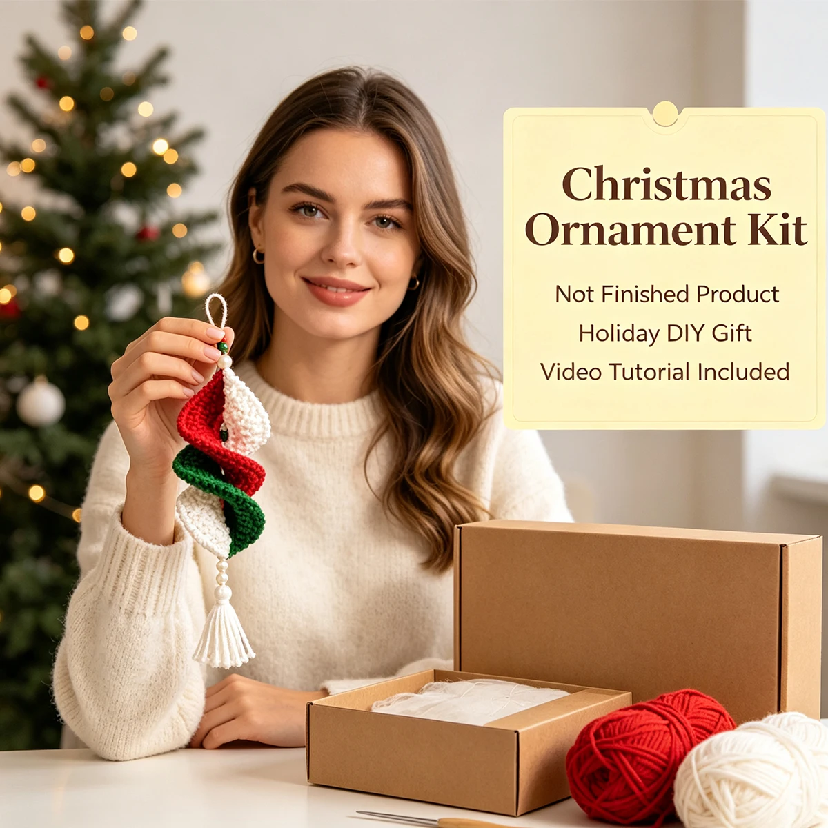 3Pcs Christmas Spiral Windmill Wind Chime Crochet DIY Kit, Not a Finished Product, Beginner-Friendly Yarn Knitting Set Includes Full Set of Yarn and Crochet Tools, Comes with English Tutorial, Easy to Learn for Beginners, Stress-Relieving Handmade Crafts, Classic Red, Green, and White Spiral Design with White Tassel Beads, Fully Captures the Christmas Atmosphere, Suitable for Christmas and New Year Home Decorations, Christmas Tree Hanging Decorations, Holiday Scene Arrangements for Windows and Doors, Parent-Child Activity